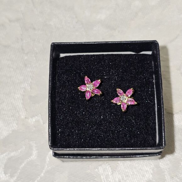 Fine Ruby Diamond Flower Designer Earrings 18K Yellow Gold Over Sterling Silver - Picture 10 of 11